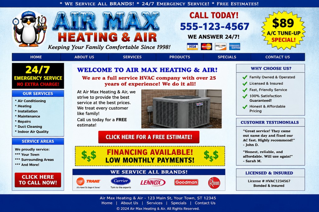 Air Max Heating and Air outdated website homepage