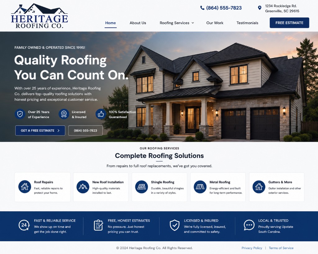 Heritage Roofing Co. modern website redesign