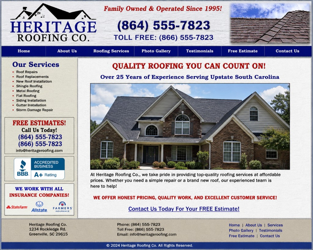 Heritage Roofing Co. outdated website homepage