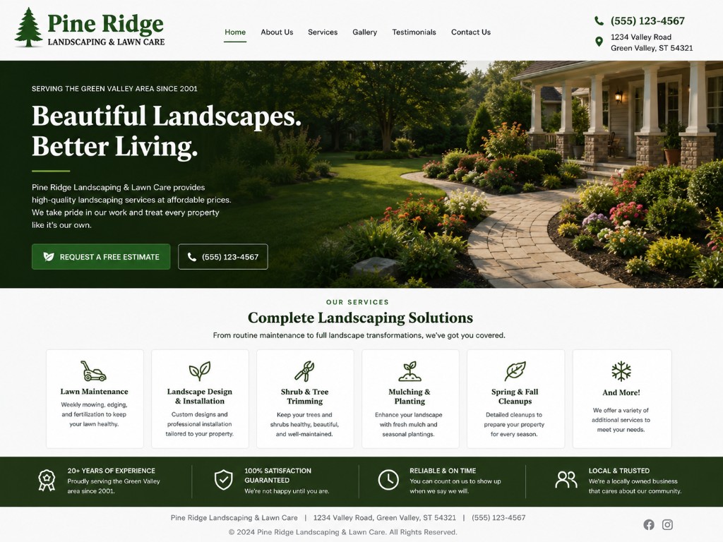Pine Ridge Landscaping modern website redesign