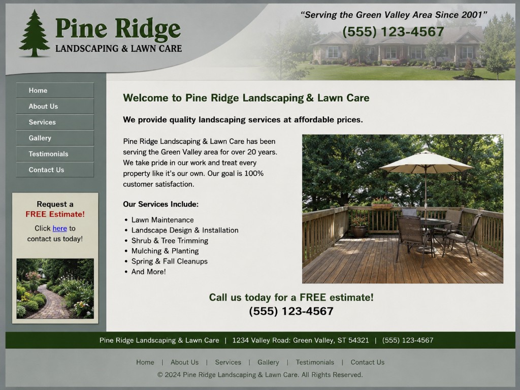 Pine Ridge Landscaping old website homepage